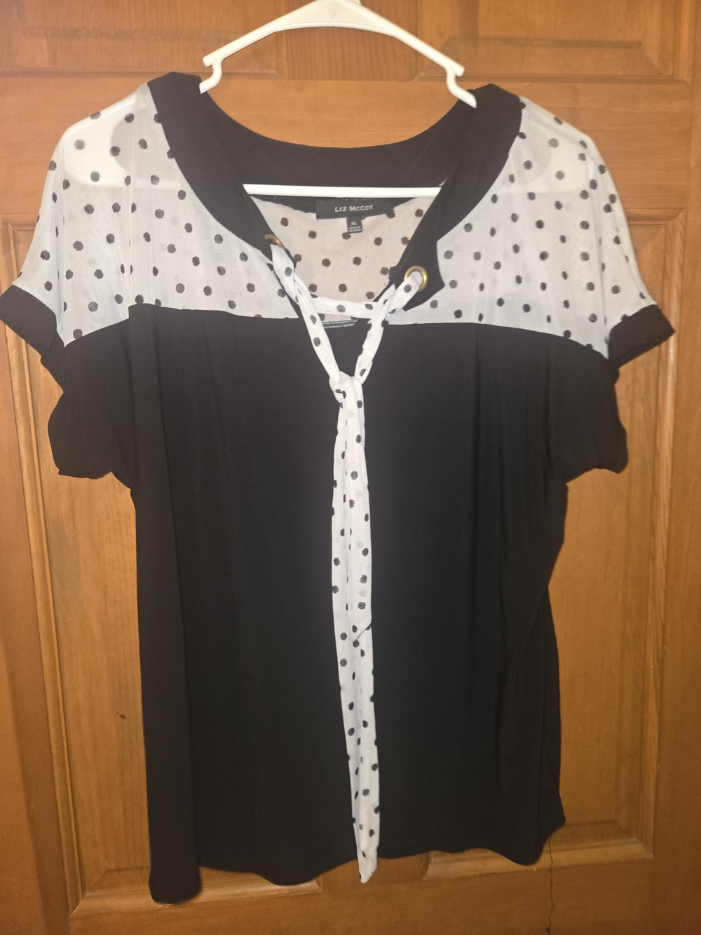 Liz Claiborne Black Top with White Polka Dot Yoke and Tie Detail